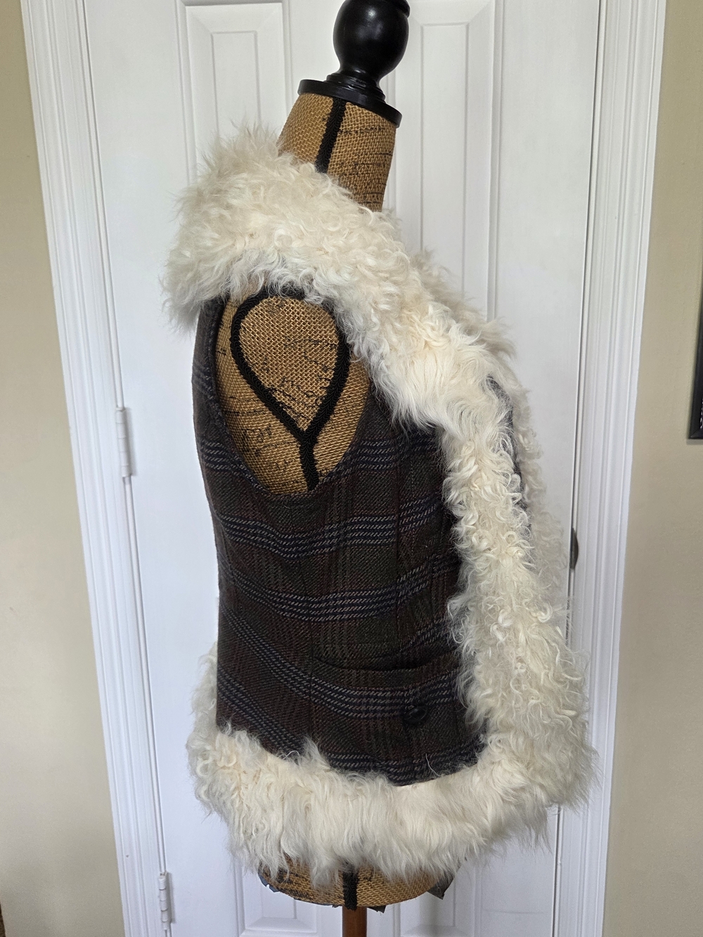 Women's Brown Wool Vest With Lamb Fur Trim